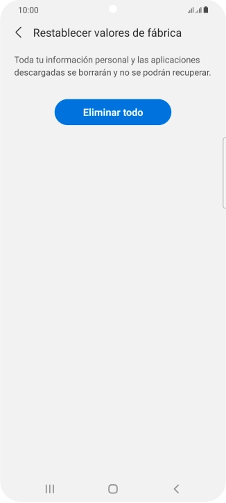 Pulsa Eliminar todo. Espera unos instantes mientras el teléfono restablece la configuración predeterminada. Sigue las indicaciones de la pantalla para configurar el teléfono y dejarlo listo para su uso. Pulsa Eliminar todo. Espera unos instantes mientras el teléfono restablece la configuración predeterminada. Sigue las indicaciones de la pantalla para configurar el teléfono y dejarlo listo para su uso.