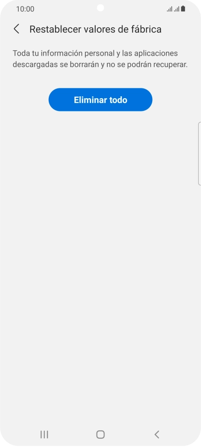 Pulsa Eliminar todo. Espera unos instantes mientras el teléfono restablece la configuración predeterminada. Sigue las indicaciones de la pantalla para configurar el teléfono y dejarlo listo para su uso. Pulsa Eliminar todo. Espera unos instantes mientras el teléfono restablece la configuración predeterminada. Sigue las indicaciones de la pantalla para configurar el teléfono y dejarlo listo para su uso.