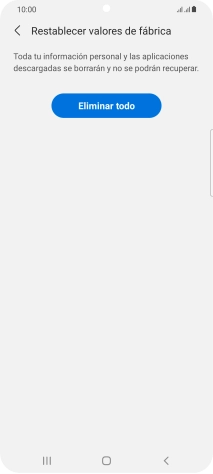 Pulsa Eliminar todo. Espera unos instantes mientras el teléfono restablece la configuración predeterminada. Sigue las indicaciones de la pantalla para configurar el teléfono y dejarlo listo para su uso. Pulsa Eliminar todo. Espera unos instantes mientras el teléfono restablece la configuración predeterminada. Sigue las indicaciones de la pantalla para configurar el teléfono y dejarlo listo para su uso.