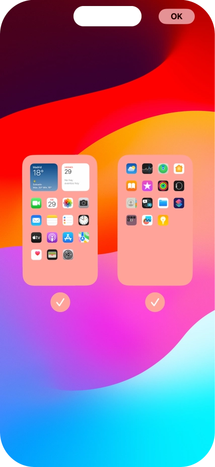 Pulsa en los campos bajo las páginas deseadas de la pantalla de inicio para activar o desactivar la visualización de páginas. Pulsa en los campos bajo las páginas deseadas de la pantalla de inicio para activar o desactivar la visualización de páginas.