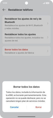 Pulsa Borrar. Espera unos instantes mientras el teléfono restablece la configuración predeterminada. Sigue las indicaciones de la pantalla para configurar el teléfono y dejarlo listo para su uso. Pulsa Borrar. Espera unos instantes mientras el teléfono restablece la configuración predeterminada. Sigue las indicaciones de la pantalla para configurar el teléfono y dejarlo listo para su uso.