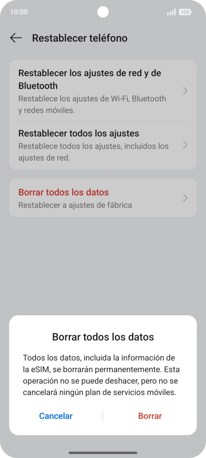 Pulsa Borrar. Espera unos instantes mientras el teléfono restablece la configuración predeterminada. Sigue las indicaciones de la pantalla para configurar el teléfono y dejarlo listo para su uso. Pulsa Borrar. Espera unos instantes mientras el teléfono restablece la configuración predeterminada. Sigue las indicaciones de la pantalla para configurar el teléfono y dejarlo listo para su uso.