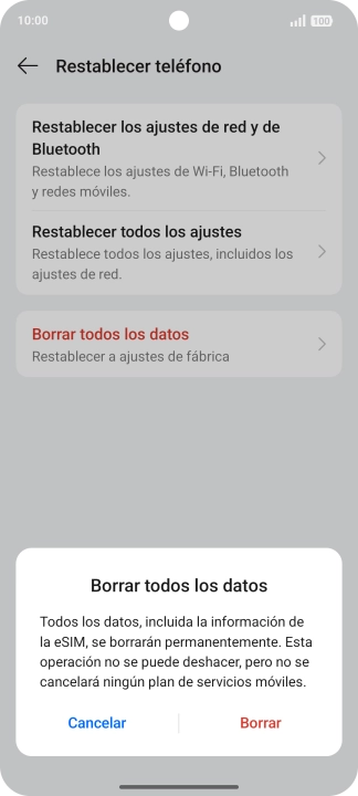 Pulsa Borrar. Espera unos instantes mientras el teléfono restablece la configuración predeterminada. Sigue las indicaciones de la pantalla para configurar el teléfono y dejarlo listo para su uso. Pulsa Borrar. Espera unos instantes mientras el teléfono restablece la configuración predeterminada. Sigue las indicaciones de la pantalla para configurar el teléfono y dejarlo listo para su uso.