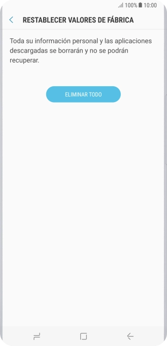 Pulsa ELIMINAR TODO. Espera unos instantes mientras el teléfono restablece la configuración predeterminada. Sigue las indicaciones de la pantalla para configurar el teléfono y dejarlo listo para su uso. Pulsa ELIMINAR TODO. Espera unos instantes mientras el teléfono restablece la configuración predeterminada. Sigue las indicaciones de la pantalla para configurar el teléfono y dejarlo listo para su uso.
