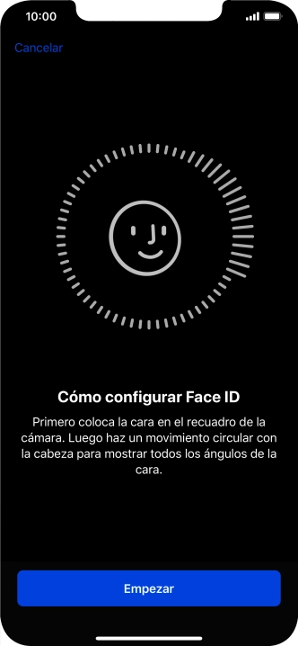 Pulsa Empezar y sigue las indicaciones de la pantalla para crear un código de seguridad con la función de reconocimiento facial (Face ID). Pulsa Empezar y sigue las indicaciones de la pantalla para crear un código de seguridad con la función de reconocimiento facial (Face ID).