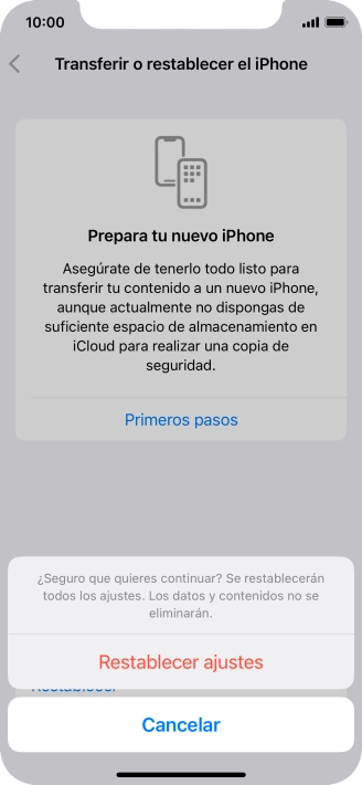 Pulsa Restablecer ajustes. Espera unos instantes mientras el teléfono restablece la configuración predeterminada. Sigue las indicaciones de la pantalla para configurar el teléfono y dejarlo listo para su uso. Pulsa Restablecer ajustes. Espera unos instantes mientras el teléfono restablece la configuración predeterminada. Sigue las indicaciones de la pantalla para configurar el teléfono y dejarlo listo para su uso.