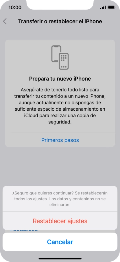 Pulsa Restablecer ajustes. Espera unos instantes mientras el teléfono restablece la configuración predeterminada. Sigue las indicaciones de la pantalla para configurar el teléfono y dejarlo listo para su uso. Pulsa Restablecer ajustes. Espera unos instantes mientras el teléfono restablece la configuración predeterminada. Sigue las indicaciones de la pantalla para configurar el teléfono y dejarlo listo para su uso.