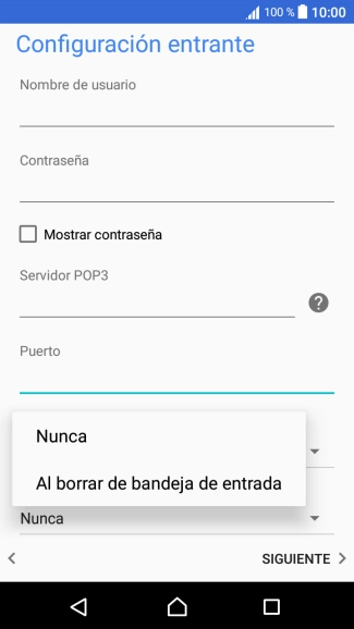 Pulsa Nunca para conservar los correos electrónicos en el servidor cuando los borras del teléfono. Pulsa Nunca para conservar los correos electrónicos en el servidor cuando los borras del teléfono.