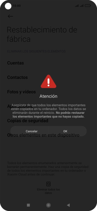 Pulsa OK. Espera unos instantes mientras el teléfono restablece la configuración predeterminada. Sigue las indicaciones de la pantalla para configurar el teléfono y dejarlo listo para su uso. Pulsa OK. Espera unos instantes mientras el teléfono restablece la configuración predeterminada. Sigue las indicaciones de la pantalla para configurar el teléfono y dejarlo listo para su uso.