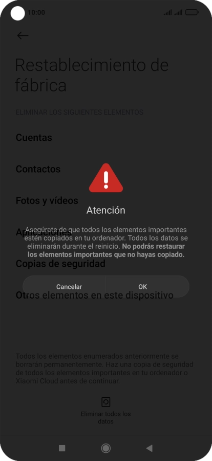 Pulsa OK. Espera unos instantes mientras el teléfono restablece la configuración predeterminada. Sigue las indicaciones de la pantalla para configurar el teléfono y dejarlo listo para su uso. Pulsa OK. Espera unos instantes mientras el teléfono restablece la configuración predeterminada. Sigue las indicaciones de la pantalla para configurar el teléfono y dejarlo listo para su uso.