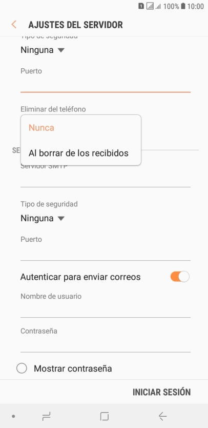 Pulsa Nunca para conservar los correos electrónicos en el servidor cuando los borras del teléfono. Pulsa Nunca para conservar los correos electrónicos en el servidor cuando los borras del teléfono.