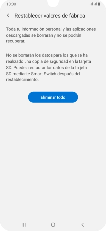 Pulsa Eliminar todo. Espera unos instantes mientras el teléfono restablece la configuración predeterminada. Sigue las indicaciones de la pantalla para configurar el teléfono y dejarlo listo para su uso. Pulsa Eliminar todo. Espera unos instantes mientras el teléfono restablece la configuración predeterminada. Sigue las indicaciones de la pantalla para configurar el teléfono y dejarlo listo para su uso.