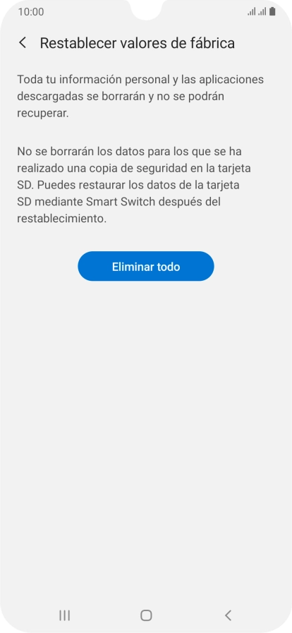 Pulsa Eliminar todo. Espera unos instantes mientras el teléfono restablece la configuración predeterminada. Sigue las indicaciones de la pantalla para configurar el teléfono y dejarlo listo para su uso. Pulsa Eliminar todo. Espera unos instantes mientras el teléfono restablece la configuración predeterminada. Sigue las indicaciones de la pantalla para configurar el teléfono y dejarlo listo para su uso.