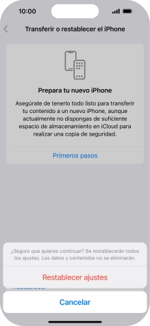 Pulsa Restablecer ajustes. Espera unos instantes mientras el teléfono restablece la configuración predeterminada. Sigue las indicaciones de la pantalla para configurar el teléfono y dejarlo listo para su uso. Pulsa Restablecer ajustes. Espera unos instantes mientras el teléfono restablece la configuración predeterminada. Sigue las indicaciones de la pantalla para configurar el teléfono y dejarlo listo para su uso.