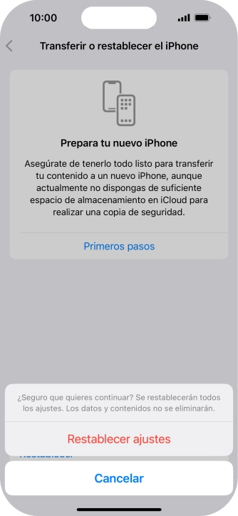 Pulsa Restablecer ajustes. Espera unos instantes mientras el teléfono restablece la configuración predeterminada. Sigue las indicaciones de la pantalla para configurar el teléfono y dejarlo listo para su uso. Pulsa Restablecer ajustes. Espera unos instantes mientras el teléfono restablece la configuración predeterminada. Sigue las indicaciones de la pantalla para configurar el teléfono y dejarlo listo para su uso.
