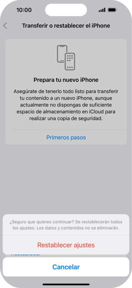 Pulsa Restablecer ajustes. Espera unos instantes mientras el teléfono restablece la configuración predeterminada. Sigue las indicaciones de la pantalla para configurar el teléfono y dejarlo listo para su uso. Pulsa Restablecer ajustes. Espera unos instantes mientras el teléfono restablece la configuración predeterminada. Sigue las indicaciones de la pantalla para configurar el teléfono y dejarlo listo para su uso.