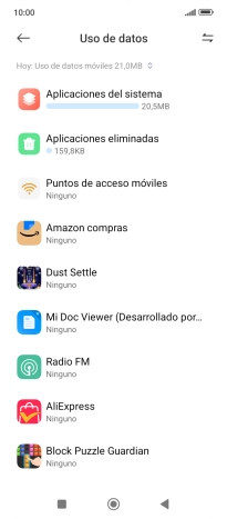 El consumo de datos por cada aplicación aparece bajo el nombre de la aplicación. El consumo de datos por cada aplicación aparece bajo el nombre de la aplicación.