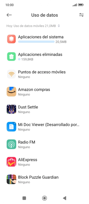 El consumo de datos por cada aplicación aparece bajo el nombre de la aplicación. El consumo de datos por cada aplicación aparece bajo el nombre de la aplicación.