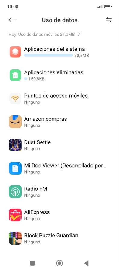 El consumo de datos por cada aplicación aparece bajo el nombre de la aplicación. El consumo de datos por cada aplicación aparece bajo el nombre de la aplicación.