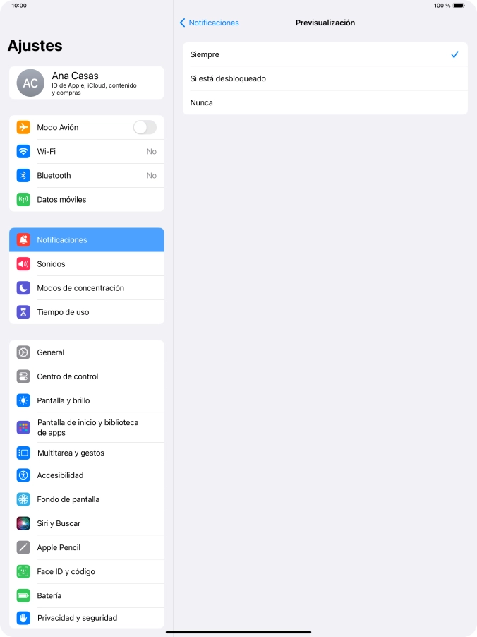 Para seleccionar la vista previa de las notificaciones en la pantalla de bloqueo, pulsa Siempre. Para seleccionar la vista previa de las notificaciones en la pantalla de bloqueo, pulsa Siempre.