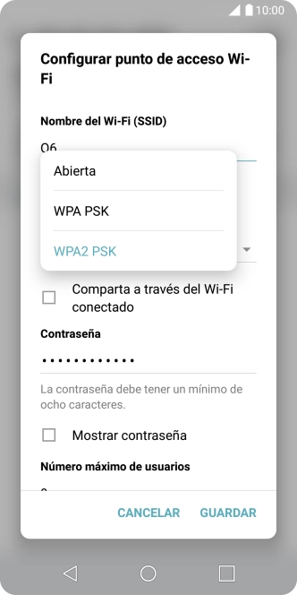Pulsa WPA2 PSK para proteger la conexión wifi con una contraseña. Pulsa WPA2 PSK para proteger la conexión wifi con una contraseña.