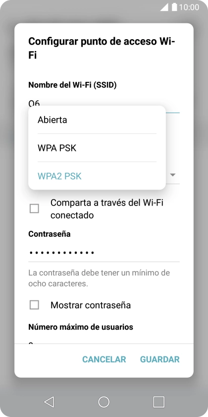 Pulsa WPA2 PSK para proteger la conexión wifi con una contraseña. Pulsa WPA2 PSK para proteger la conexión wifi con una contraseña.