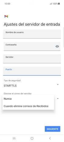 Pulsa Nunca para conservar los correos electrónicos en el servidor cuando los borras del teléfono. Pulsa Nunca para conservar los correos electrónicos en el servidor cuando los borras del teléfono.