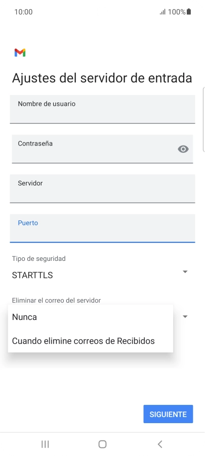 Pulsa Nunca para conservar los correos electrónicos en el servidor cuando los borras del teléfono. Pulsa Nunca para conservar los correos electrónicos en el servidor cuando los borras del teléfono.
