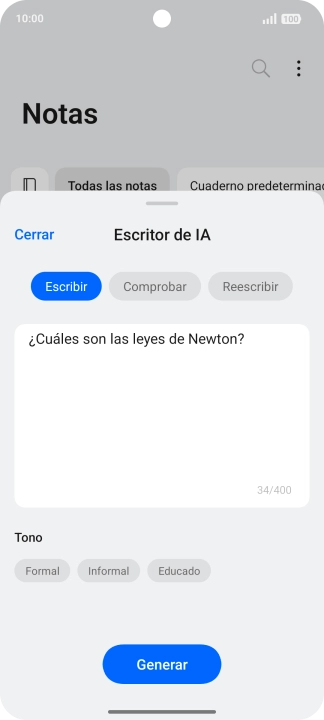 Para generar un texto, pulsa Escribir. Para generar un texto, pulsa Escribir.