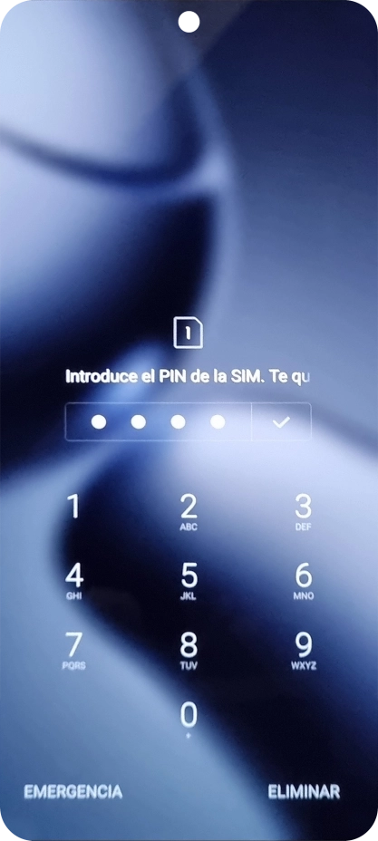 Si es necesario desbloquear la tarjeta SIM, introduce el código PIN y pulsa el icono de aceptar. Si es necesario desbloquear la tarjeta SIM, introduce el código PIN y pulsa el icono de aceptar.