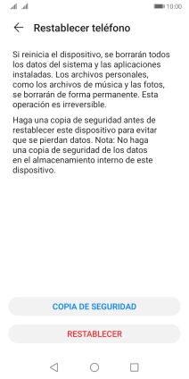 Pulsa RESTABLECER. Espera unos instantes mientras el teléfono restablece la configuración predeterminada. Sigue las indicaciones de la pantalla para configurar el teléfono y dejarlo listo para su uso. Pulsa RESTABLECER. Espera unos instantes mientras el teléfono restablece la configuración predeterminada. Sigue las indicaciones de la pantalla para configurar el teléfono y dejarlo listo para su uso.