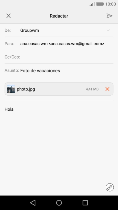 Pulsa el icono de envío cuando termines de escribir el correo electrónico. Pulsa el icono de envío cuando termines de escribir el correo electrónico.