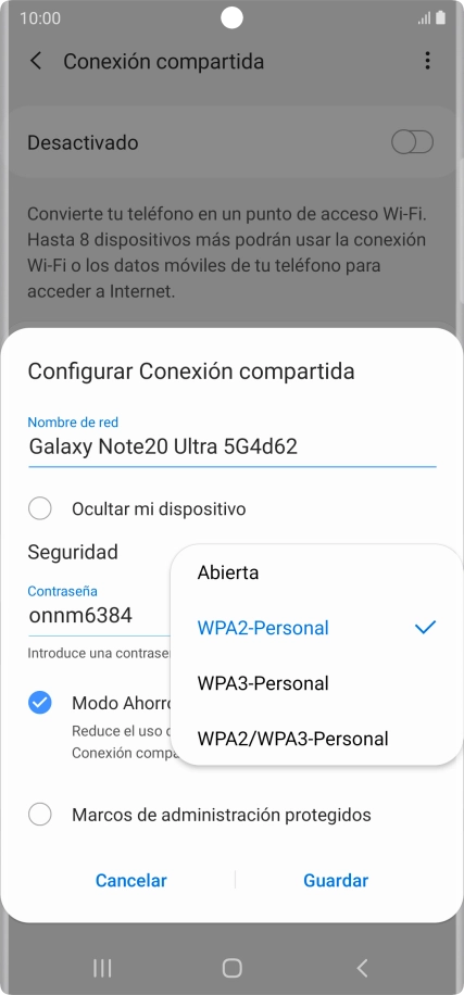 Pulsa WPA2-Personal para proteger la conexión wifi con una contraseña. Pulsa WPA2-Personal para proteger la conexión wifi con una contraseña.