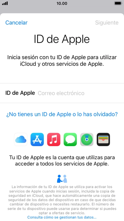 Si no tienes un ID de Apple, pulsa ¿No tienes un ID de Apple o lo has olvidado? y sigue las indicaciones de la pantalla para ver cómo crear un ID de Apple. Si no tienes un ID de Apple, pulsa ¿No tienes un ID de Apple o lo has olvidado? y sigue las indicaciones de la pantalla para ver cómo crear un ID de Apple.