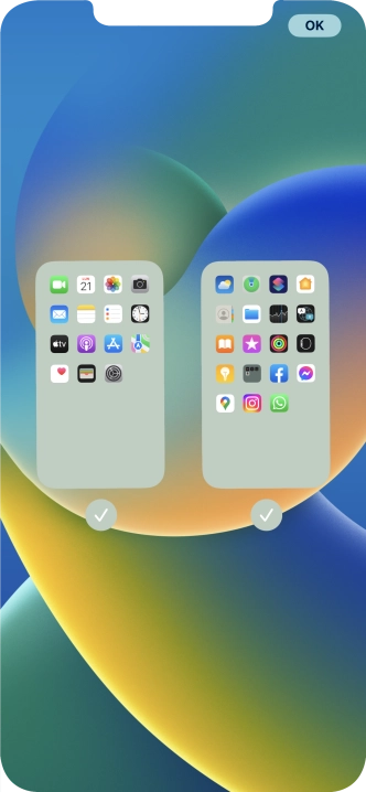 Pulsa en los campos bajo las páginas deseadas de la pantalla de inicio para activar o desactivar la visualización de páginas. Pulsa en los campos bajo las páginas deseadas de la pantalla de inicio para activar o desactivar la visualización de páginas.