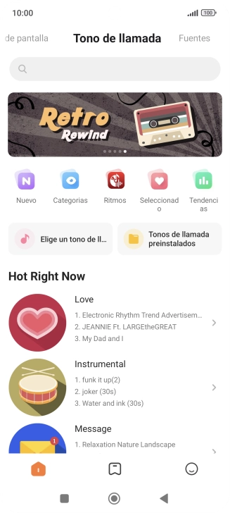 Si deseas seleccionar un timbre de llamada que no sea un timbre de llamada predeterminado, pulsa Elige un tono de ll... y sigue las indicaciones de la pantalla para seleccionar la melodía deseada. Si deseas seleccionar un timbre de llamada que no sea un timbre de llamada predeterminado, pulsa Elige un tono de ll... y sigue las indicaciones de la pantalla para seleccionar la melodía deseada.
