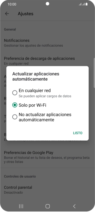 Para activar la actualización automática de apps utilizando la red móvil, pulsa En cualquier red. Para activar la actualización automática de apps utilizando la red móvil, pulsa En cualquier red.