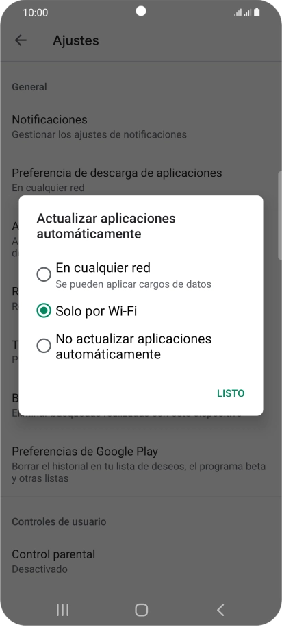 Para activar la actualización automática de apps utilizando la red móvil, pulsa En cualquier red. Para activar la actualización automática de apps utilizando la red móvil, pulsa En cualquier red.