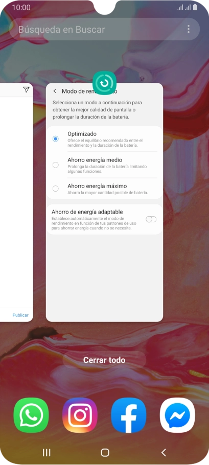 Para cerrar una sola aplicación en ejecución, desliza el dedo hacia arriba sobre la aplicación deseada. Para cerrar una sola aplicación en ejecución, desliza el dedo hacia arriba sobre la aplicación deseada.