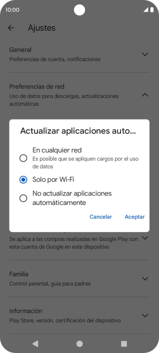 Para activar la actualización automática de apps utilizando la red móvil, pulsa En cualquier red. Para activar la actualización automática de apps utilizando la red móvil, pulsa En cualquier red.