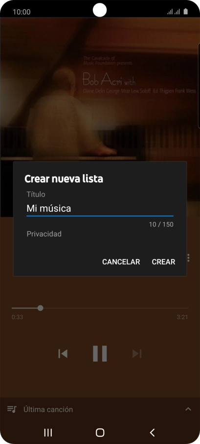 Introduce el nombre deseado de la lista de reproducción y pulsa CREAR. Introduce el nombre deseado de la lista de reproducción y pulsa CREAR.