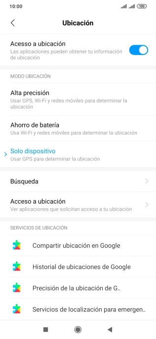 Si seleccionas Alta precisión, el teléfono podrá encontrar tu posición exacta con ayuda de los satélites GPS, la red móvil y una red wifi cercana. El GPS por satélite requiere vista libre al cielo. Si seleccionas Alta precisión, el teléfono podrá encontrar tu posición exacta con ayuda de los satélites GPS, la red móvil y una red wifi cercana. El GPS por satélite requiere vista libre al cielo.