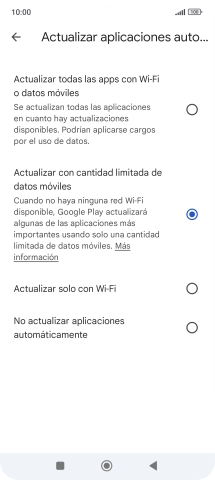 Para activar la actualización automática de apps a través de la red móvil, pulsa el campo junto a Para activar la actualización automática de apps a través de la red móvil, pulsa el campo junto a