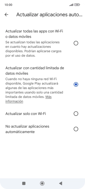 Para activar la actualización automática de apps a través de la red móvil, pulsa el campo junto a Para activar la actualización automática de apps a través de la red móvil, pulsa el campo junto a