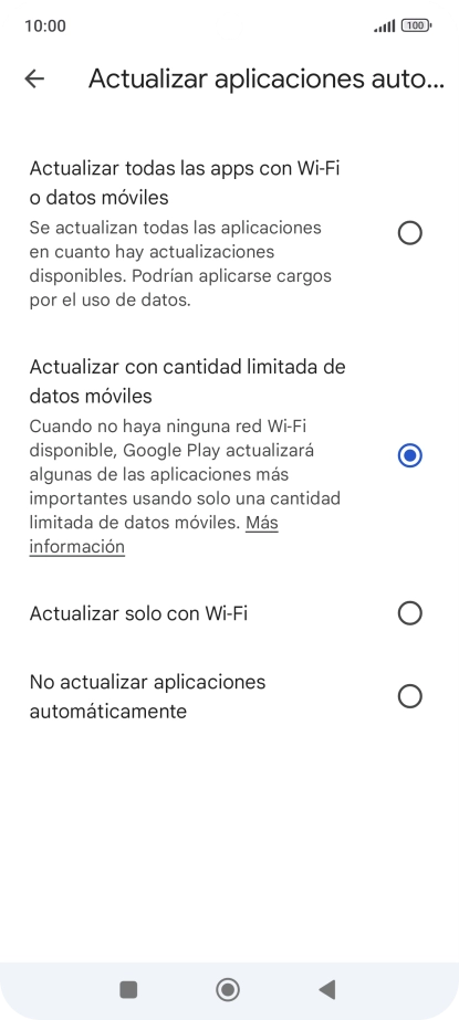 Para activar la actualización automática de apps a través de la red móvil, pulsa el campo junto a Para activar la actualización automática de apps a través de la red móvil, pulsa el campo junto a