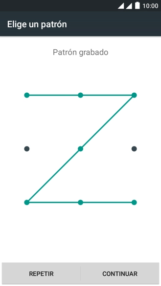 Desliza el dedo por la pantalla para unir por lo menos cuatro puntos y pulsa CONTINUAR. Desliza el dedo por la pantalla para unir por lo menos cuatro puntos y pulsa CONTINUAR.