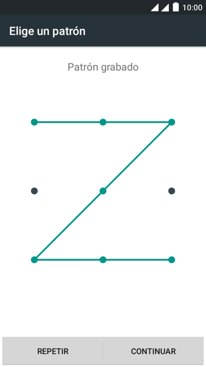 Desliza el dedo por la pantalla para unir por lo menos cuatro puntos y pulsa CONTINUAR. Desliza el dedo por la pantalla para unir por lo menos cuatro puntos y pulsa CONTINUAR.