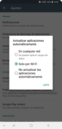Para activar la actualización automática de apps utilizando la red móvil, pulsa En cualquier red. Se pueden aplicar cargos de datos. Para activar la actualización automática de apps utilizando la red móvil, pulsa En cualquier red. Se pueden aplicar cargos de datos.