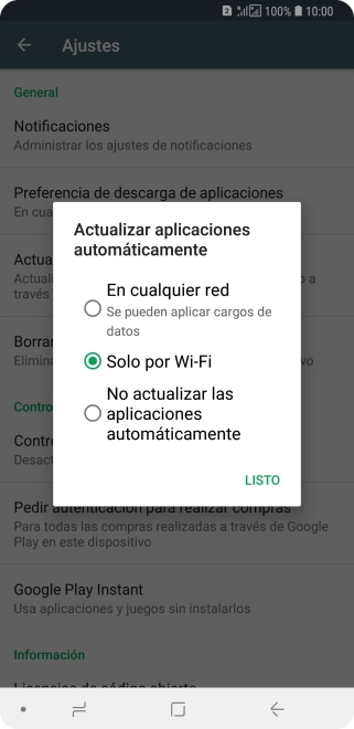 Para activar la actualización automática de apps utilizando la red móvil, pulsa En cualquier red. Se pueden aplicar cargos de datos. Para activar la actualización automática de apps utilizando la red móvil, pulsa En cualquier red. Se pueden aplicar cargos de datos.