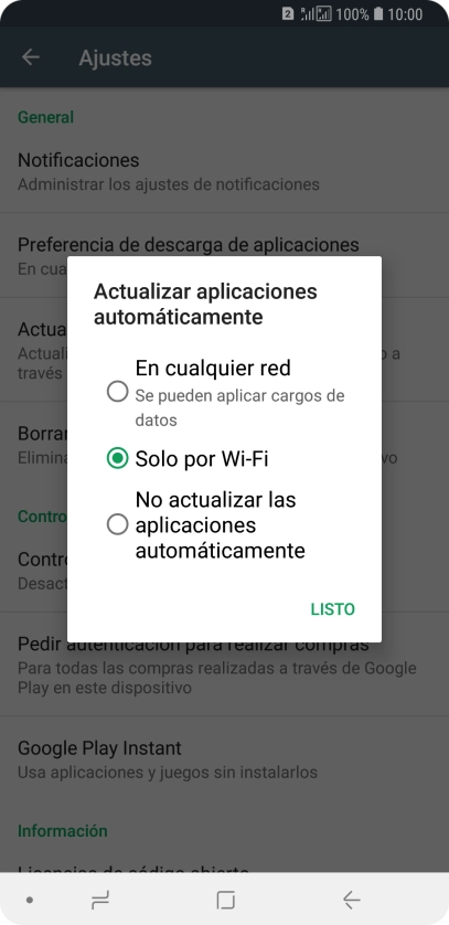 Para activar la actualización automática de apps utilizando la red móvil, pulsa En cualquier red. Se pueden aplicar cargos de datos. Para activar la actualización automática de apps utilizando la red móvil, pulsa En cualquier red. Se pueden aplicar cargos de datos.
